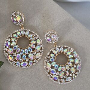 AB Crystal Iridescent Rhinestone Double Circle Drop Earrings